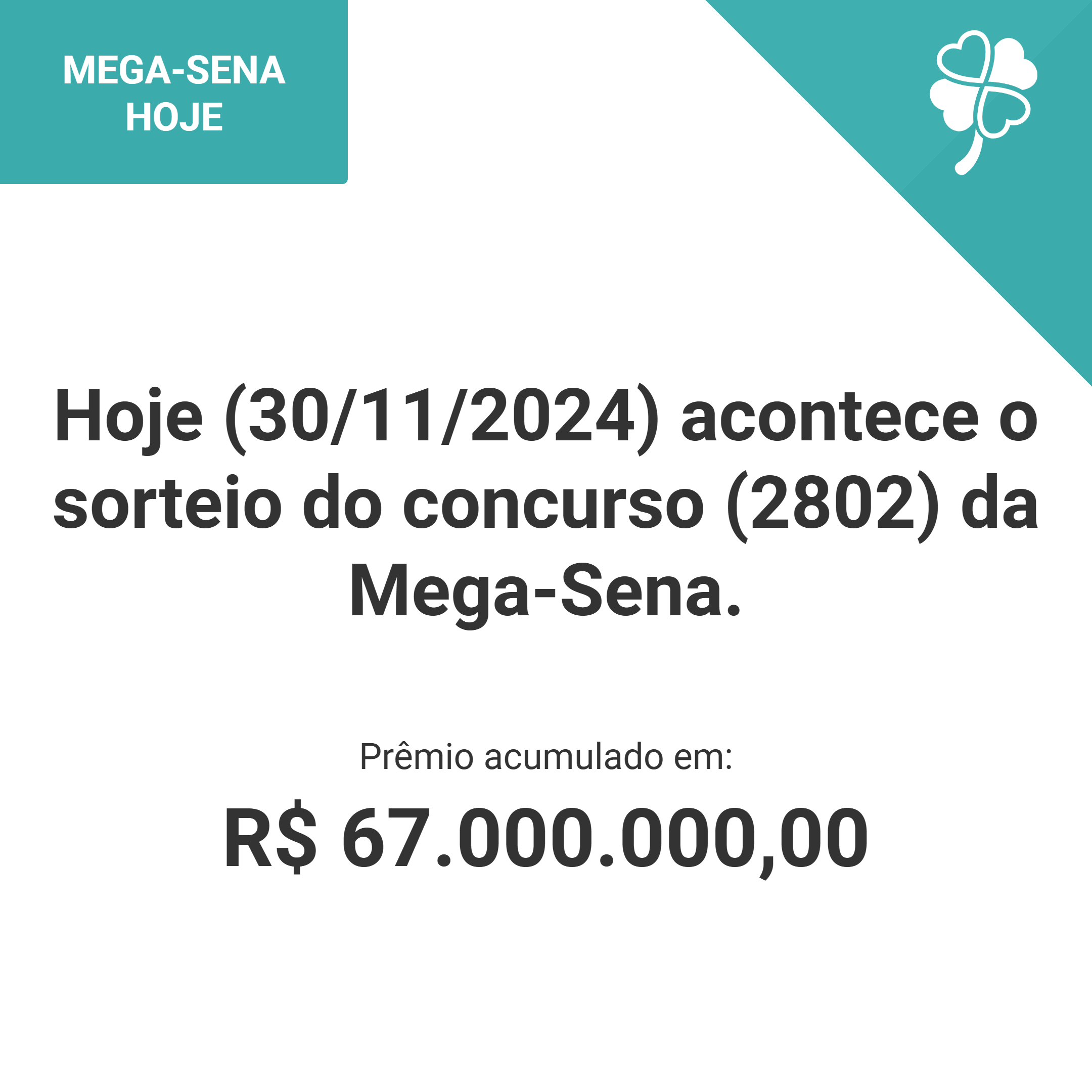 Hoje (30/11/2024) acontece o sorteio do concurso (2802) da Mega-Sena.