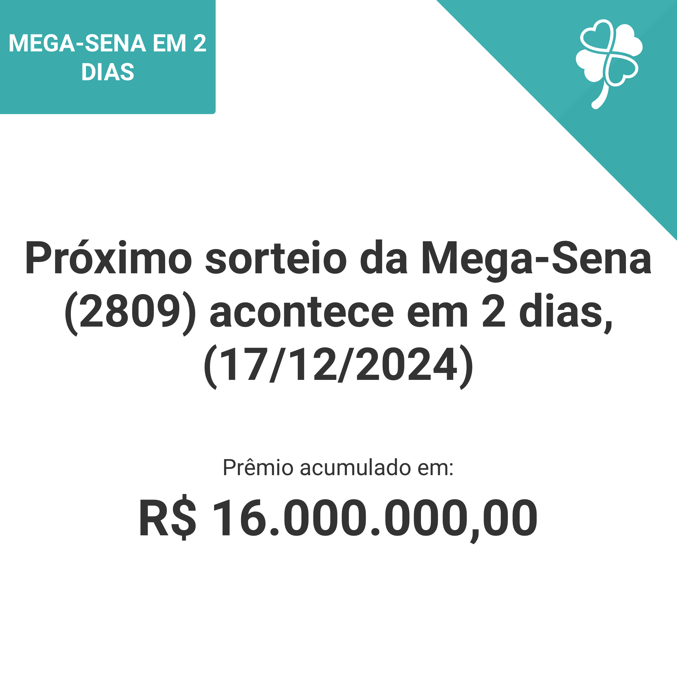 Próximo sorteio da Mega-Sena (2809) acontece em 2 dias, (17/12/2024)